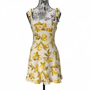 Urban Outfitters Yellow Lemon Print Jolene Linen Tie-Shoulder Mini Dress Sz S